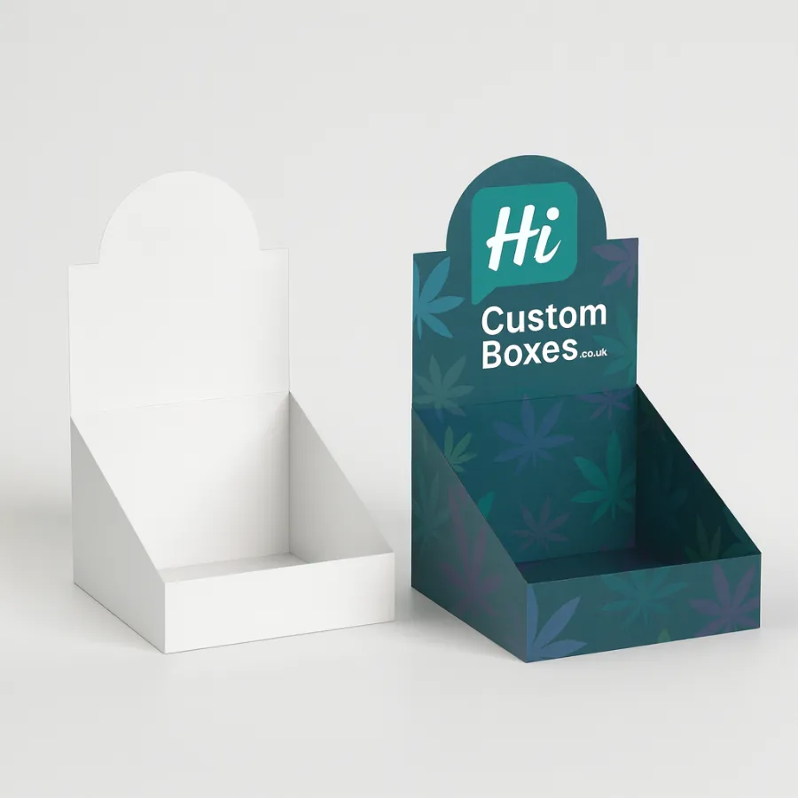 Wholesale retail display boxes with rounded headers- one white- one printed with cannabis leaf pattern- class=